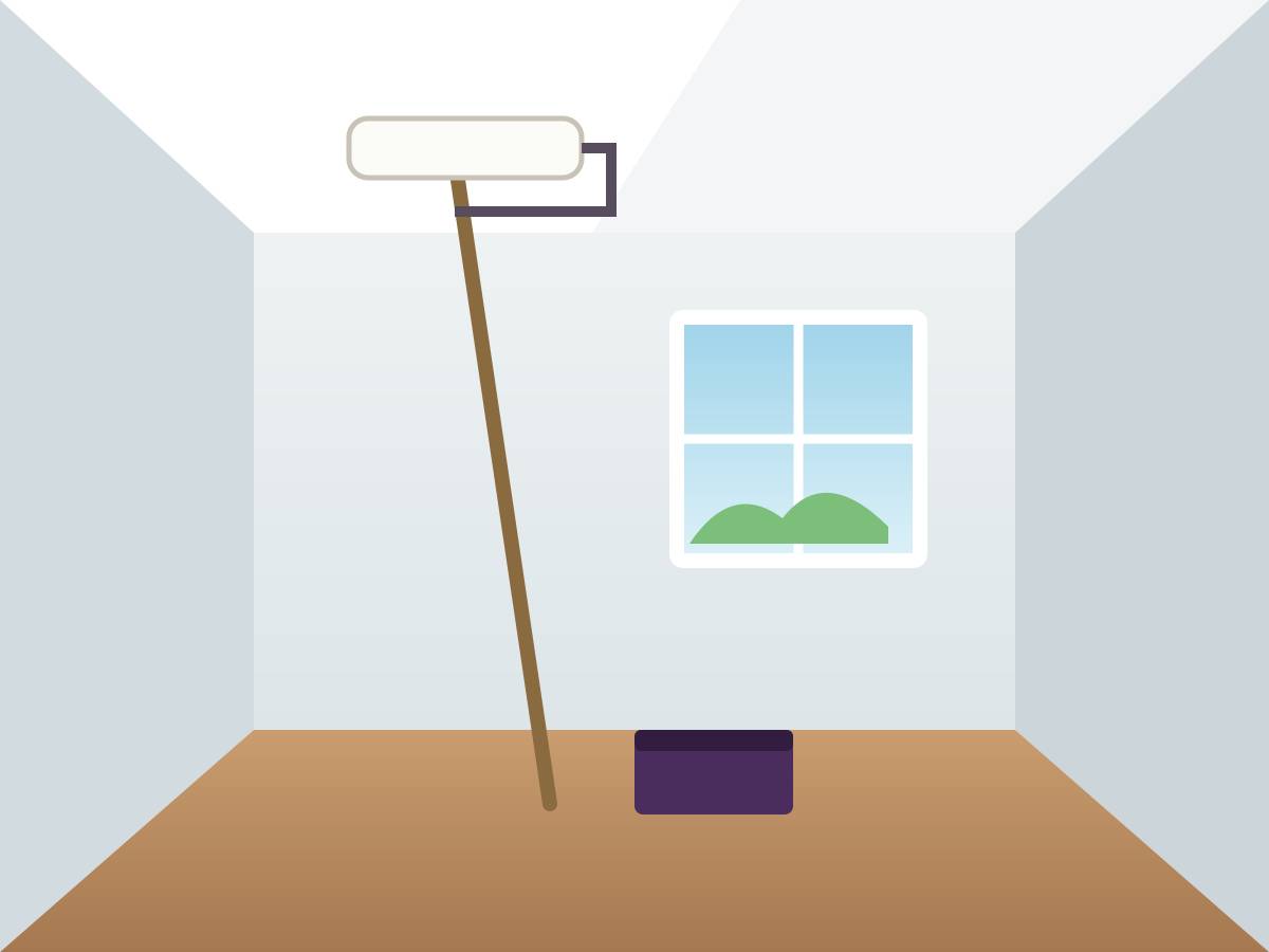 Illustration of a painter on a ladder rolling white paint onto a freshly finished ceiling