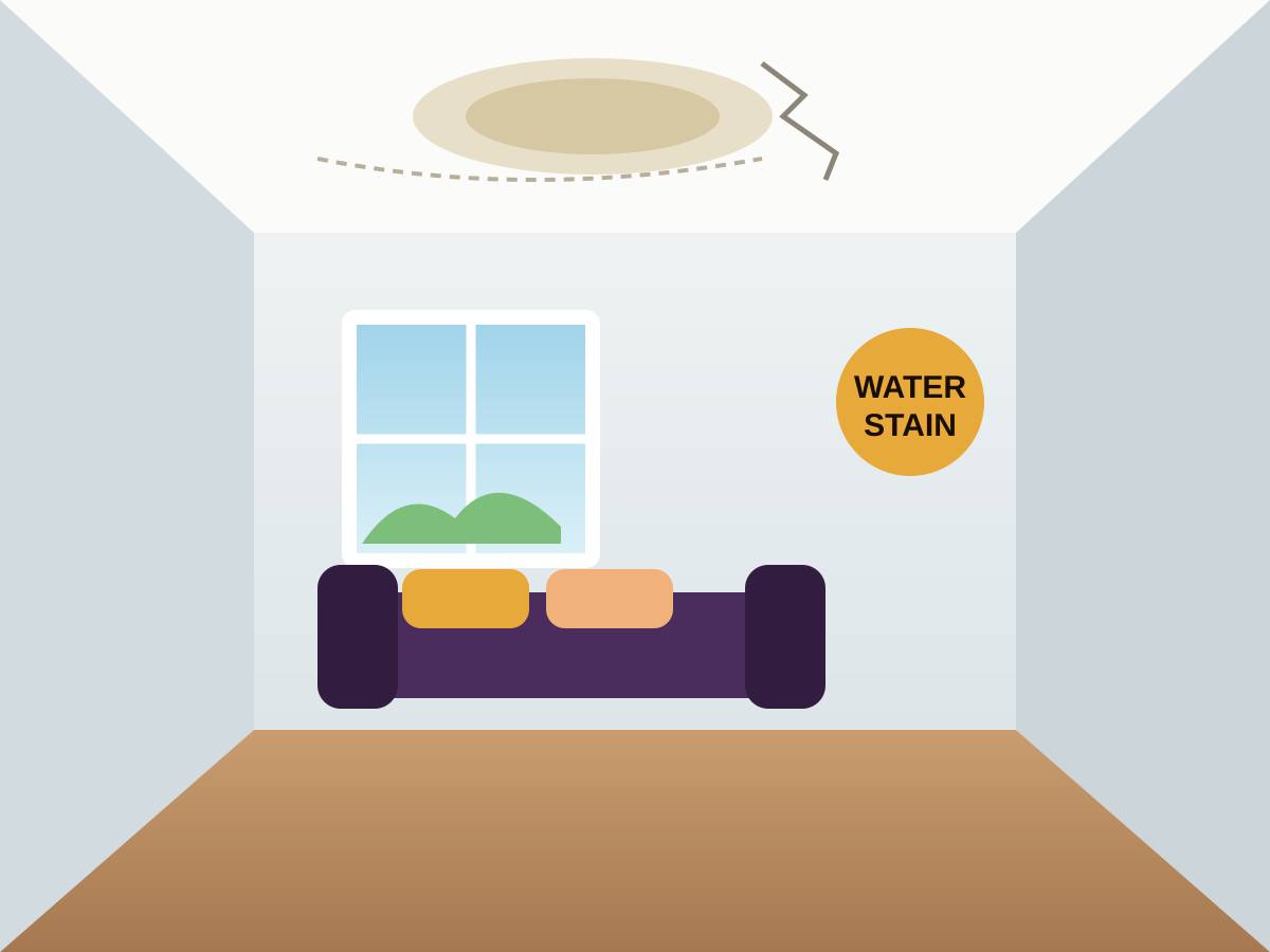 Illustration of a textured living room ceiling with a brown water stain and a crack running along a drywall seam