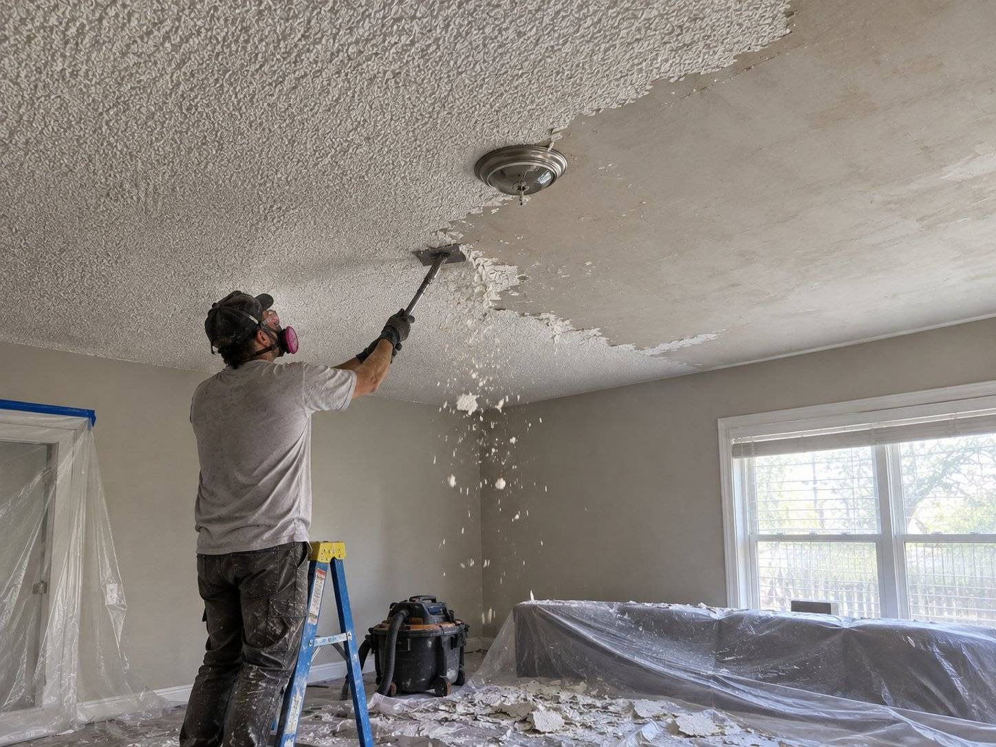Photo of a worker on a stepladder scraping popcorn texture off a living room ceiling, half the ceiling already bare, with the sofa and floor covered in plastic and a shop vacuum nearby. Example photo, not a professional we refer