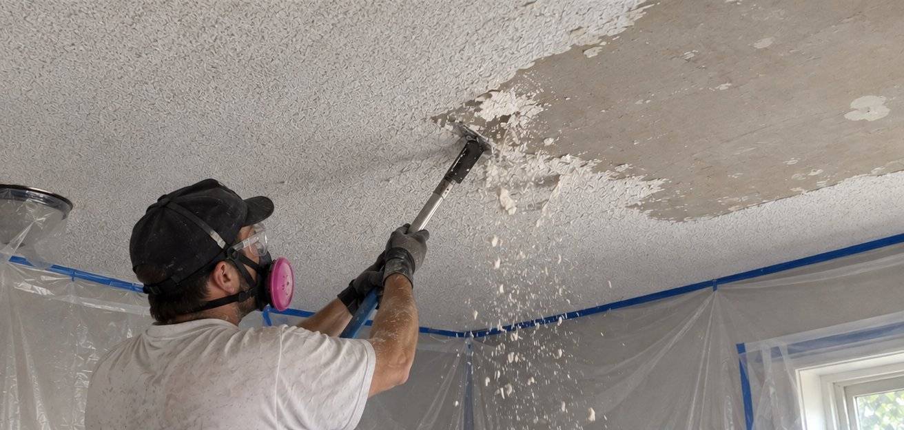 Photo of a worker in a respirator and safety glasses scraping popcorn texture off a ceiling with a long-handled scraper, the walls covered in plastic sheeting taped at the ceiling line. Example photo, not a professional we refer